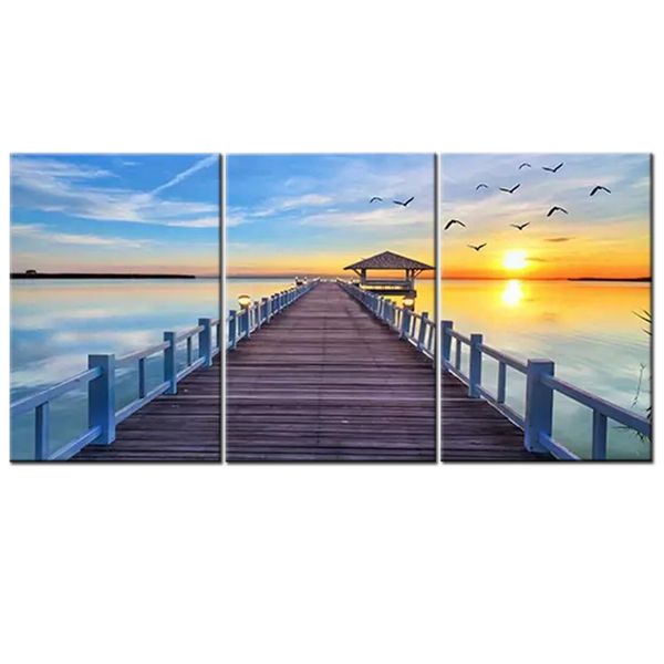 Canvas-Art-3 Pieces Long Bridge Beach Sunset Landsdcape Abstract Wall Art