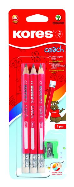 Kores Grafitos Triangular Jumbo HB Pencils, 3 Pencils + Eraser