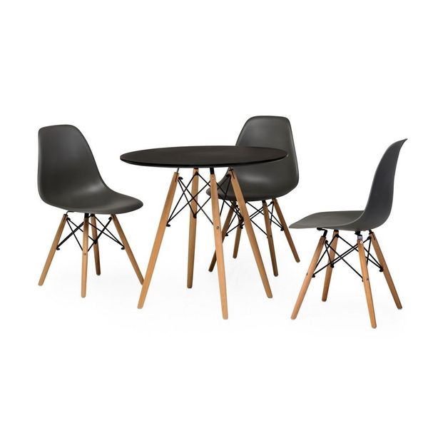 Dining Suites - Rounded Table with Three Wooden Leg Chairs - Black Colour
