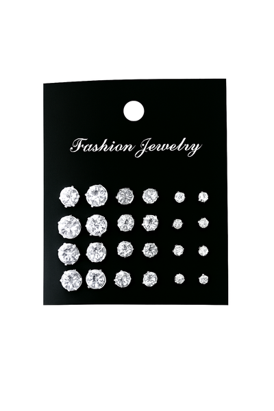 5-Pair Clear Crystal Stud Earring Set - Multi-Size Fashion Jewelry