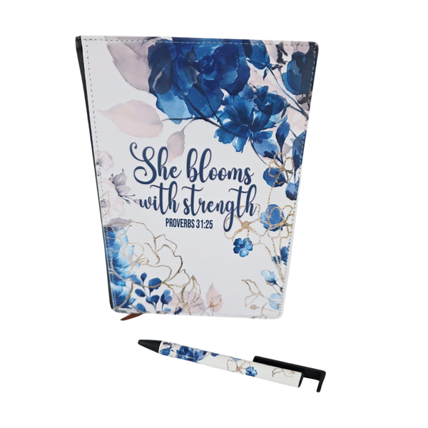 A5 PU Leather notebook, floral theme "She Blooms with Strength" &amp; Pen Set
