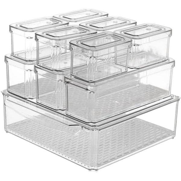 Kitchen Refrigerator Organizer Bins with Lids and Drainboard 10Pack