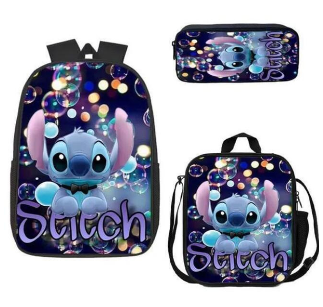 Stitch Cartoon Character Back Pack- Three Piece -Stitch Blue and Black