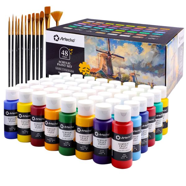 Artecho 48 Colours Acrylic Paint Set &amp; 12pc Paint Brush Set - 59ml Bottles