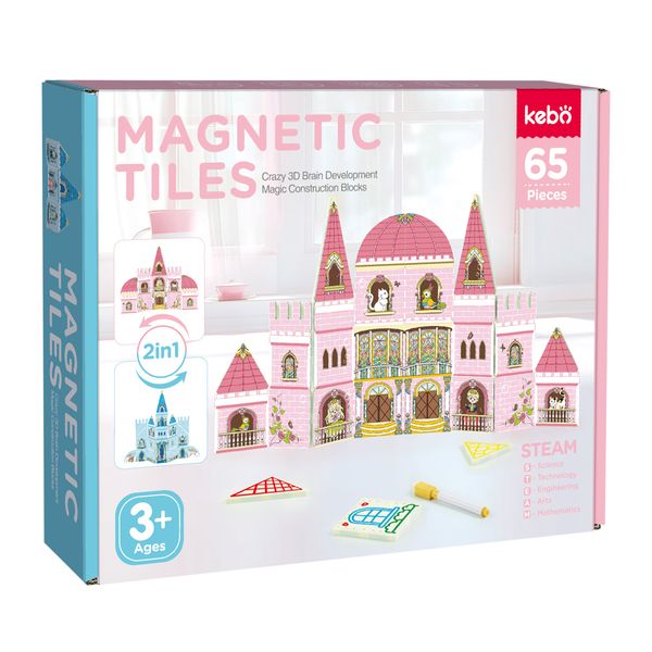 KEBO Magnetic Tiles 3-in-1 Set - 65 Piece Princess Castle &amp; Ice Castle 3+