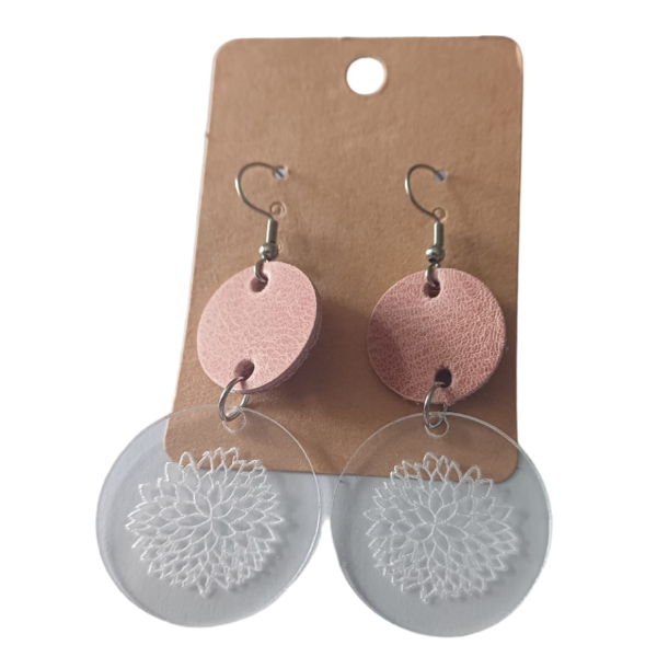 Stainless Steel, Leather &amp; Perspex Earrings - Pink hanging Flower