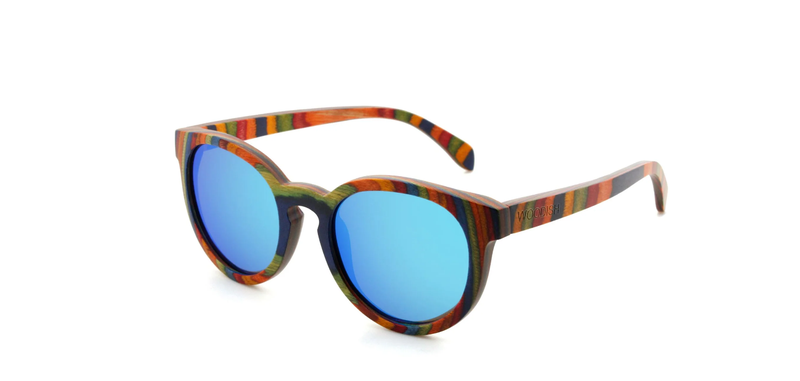 Woodish Round Skateboard Blue Lens Bamboo Sunglasses