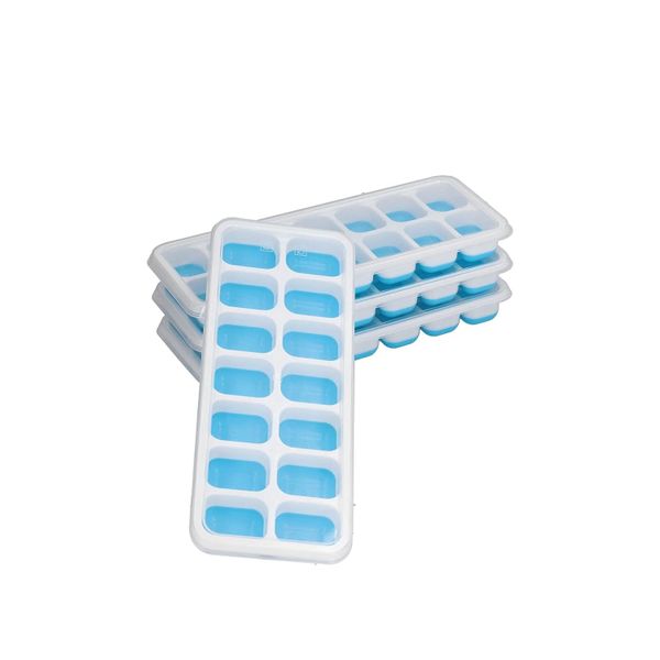 Elegant Pop-Out Silicone Ice Cube Tray with PP Lid - Blue- 4 Piece
