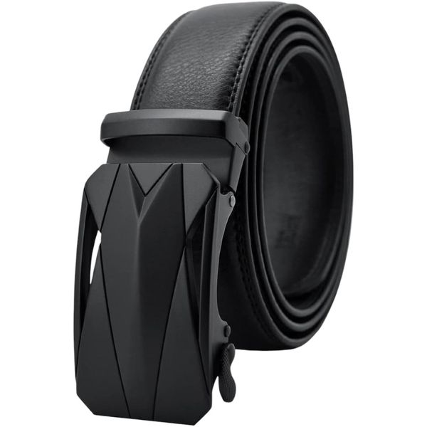 Men's Faux Leather Geometric Design Sliding Buckle Belt - Black