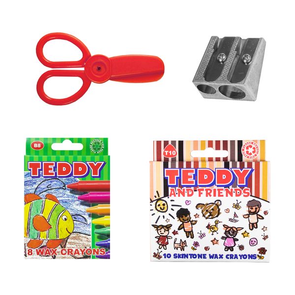Teddy Skin Tone Crayons, B8 Crayons, 2 Hole Metal Sharpener, Safety Scissor