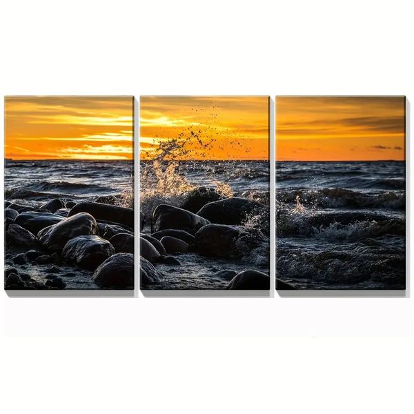 Canvas-Art-3 Pieces Sea &amp; Stones In The sunset Landscape Wall Art