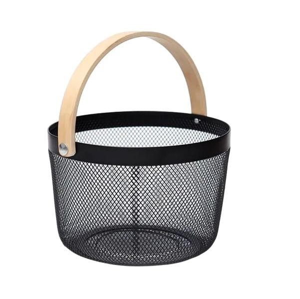 Portable Metal Mesh Fruit &amp; Veg Storage Organizer Basket With Wood Handle