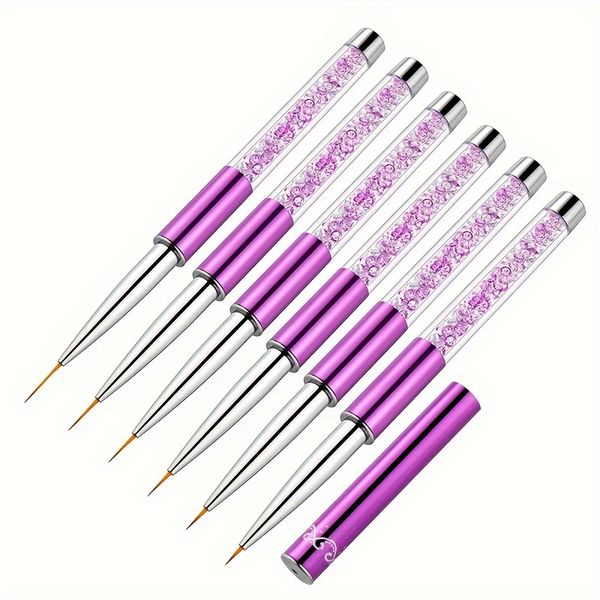 6 Purple-Handled Nail Art Pens with Rhinestones and Caps.