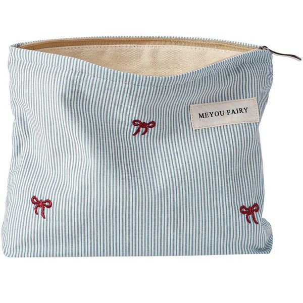 Women'S Cosmetic Bag Blue Bow With Zipper Small Cute Beautiful Storage Bag