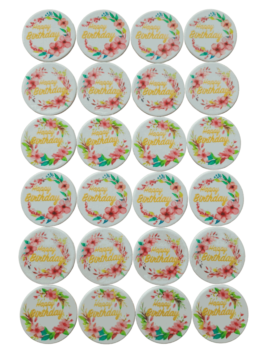 Happy Birthday Pink Flower Edible Cupcake / Biscuit Topper Set - 24 ...