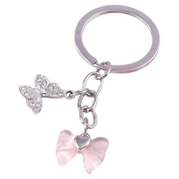Beautiful Rhinestone-Encrusted Keychain with Pink Bow Charm - Silver