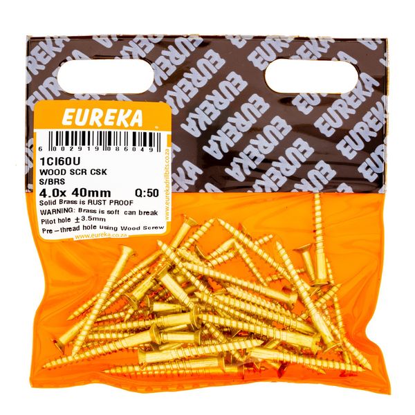 EUREKA Wood Screw Countersunk Solid Brass 4 x 40mm Q:50 1CI60U