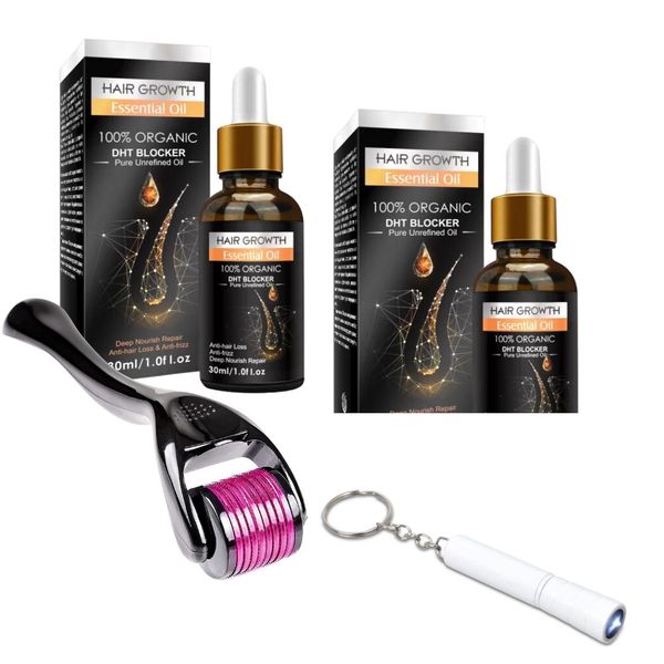 Biotin Hair Growth Oil 2 pack, Derma Roller &amp; LED Keyholder