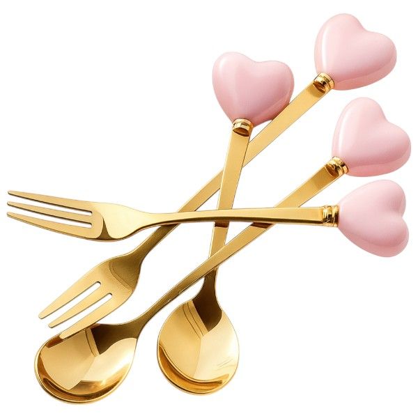 4 Piece - Spoon &amp; Fork Set With Heart Handles - Pink &amp; Gold