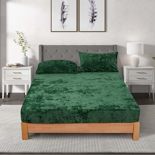 Solid Color Flannel Velvet Fitted Elastic Bed Sheet and Pillow Case - Queen