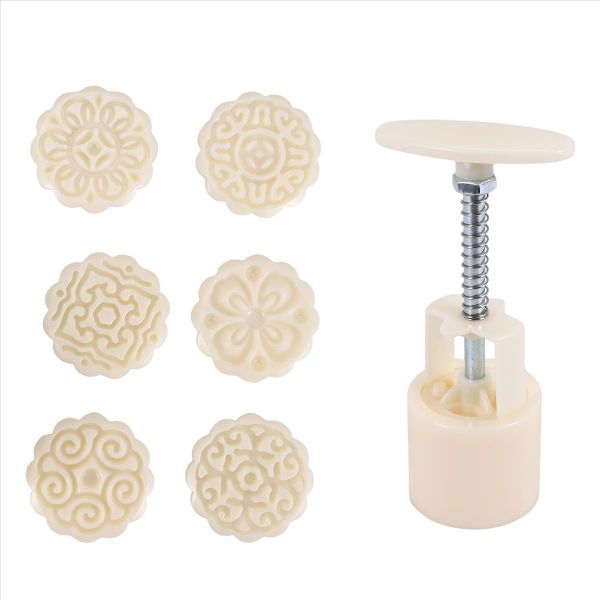 Mid-Autumn Hand-Pressure Moon Cake Mould with 6 Stamps,Flowers