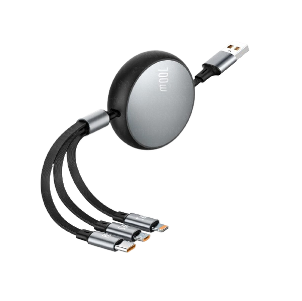 3-in-1 Retractable Charger Cable: USB to Type C, Lightning &amp; MicroUSB -100W