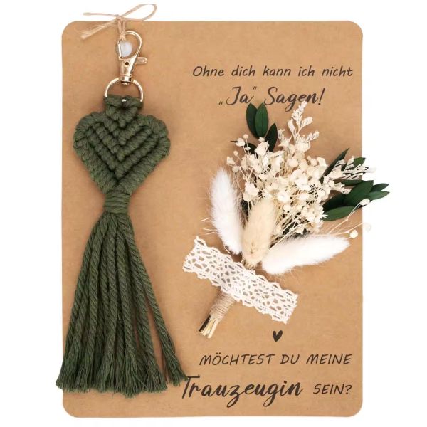 2-piece HandWoven Cotton Rope Heart Shape Tassel keychain With Dried Flower