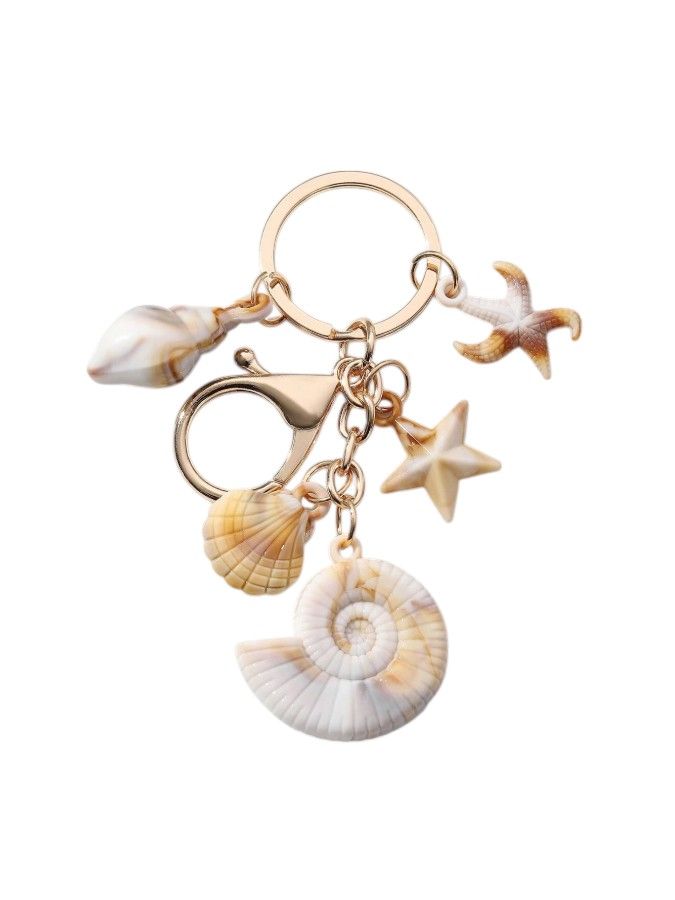 Seashell & Starfish Charm Keychain Set With Gold Ring Clip - Multi-Colour