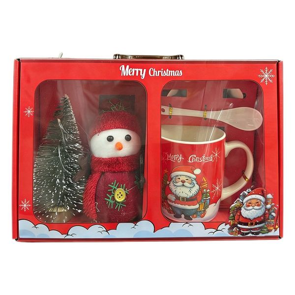 Christmas Gift Mug Red Pottery Cup with Spoon, Saucer &amp; Snow Santa Figurine