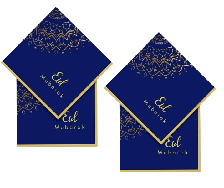 Eid Mubarak Table Serviettes Royal Blue &amp; Gold Foil Print Disposable - 2 Pack