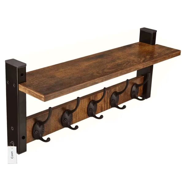 Entryway Hanging Shelves with 5 Metal Hooks for Clothes Hats Towel CoatRack