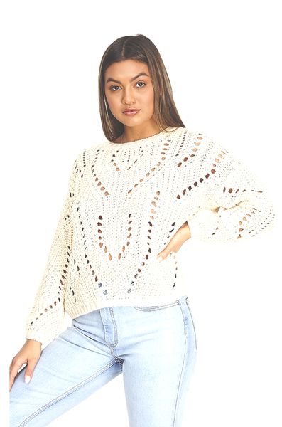 Brave Soul Pointelle Chunky Crew Neck Knitted Jumper
