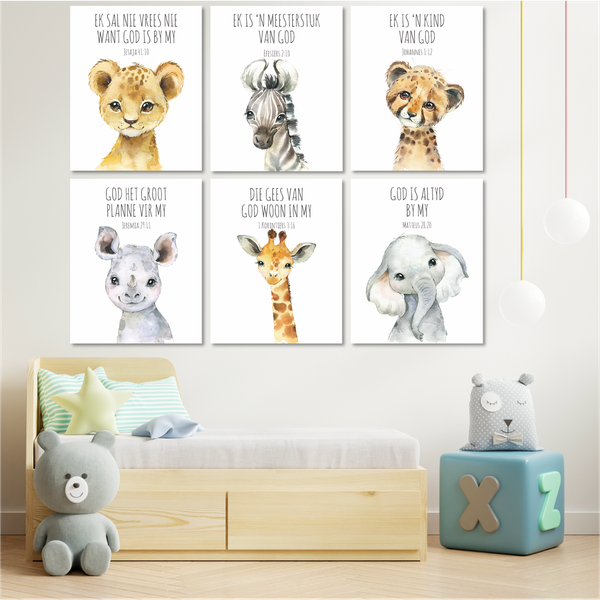 Safari Animals Bible Verse in Afrikaans - Memory Block Canvas Set (20cm x 20cm) -6 Set