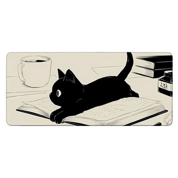Black Cat on Book Mousepad - Large Desk Mat 800x300mm | Non-Slip