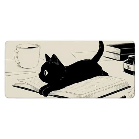 Black Cat on Book Mousepad - Large Desk Mat 800x300mm | Non-Slip Image