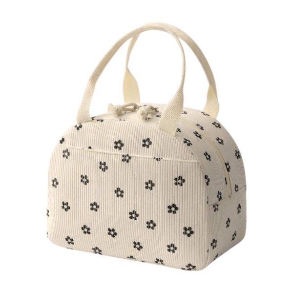 Flower Print Corduroy Lunch Bag With Handle - Beige