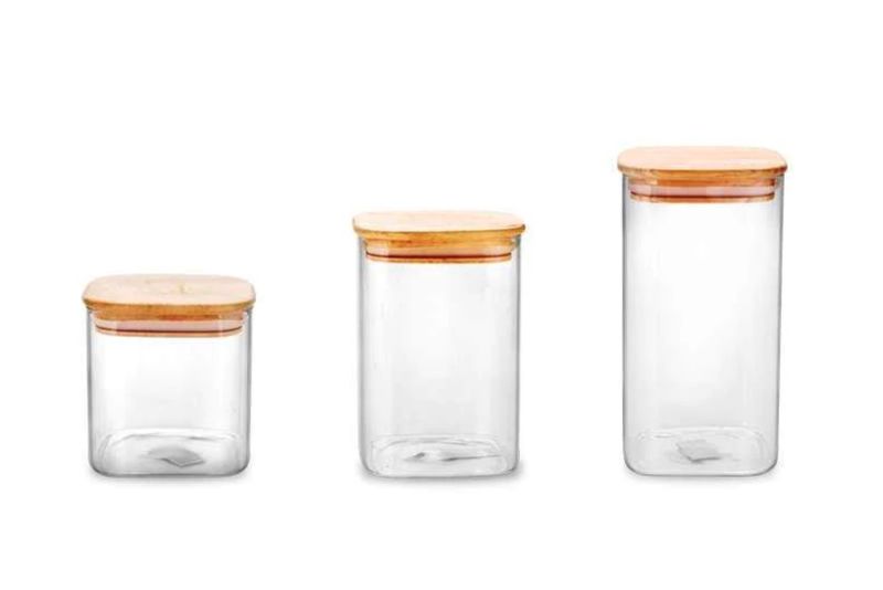 Square Glass Containers with Airtight Bamboo Lids - Set of 3