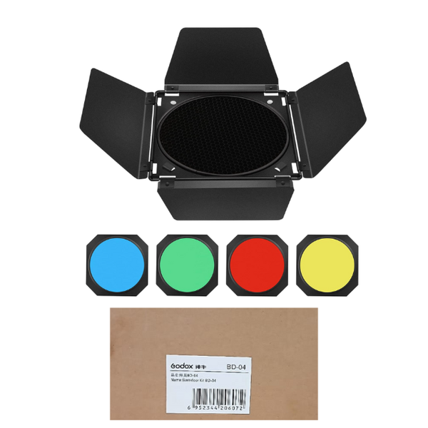 Godox BD-04 Barndoor Kit with Grid &amp; 4 Colour Gels (Bowens Mount)
