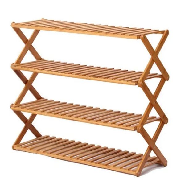 Bamboo Wooden Foldable Portable 4 Tier Multifunctional Organizer Shoe Rack