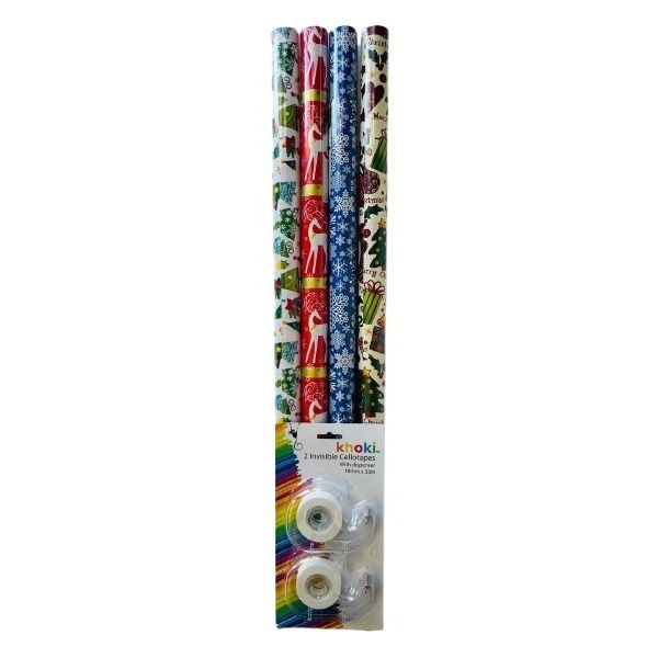 Christmas Gift Wrapping Paper 2m x 70cm (4 Rolls) &amp; 2 Cellotapes