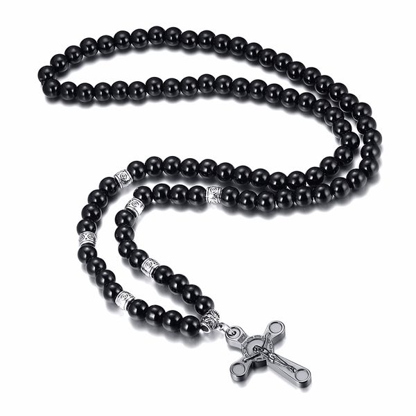 IPSTYLE Men's Carnelian Stone Rosary Bead Necklace Cross Male Jewelry