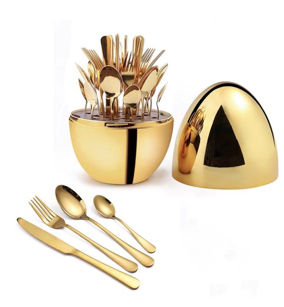 24pcs Cutlery Set with Egg Shaped Holder Gold