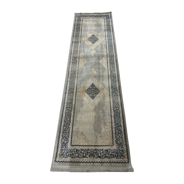 Turkish Machine Made Grey Gold Runner Rug - 300 x 80cm