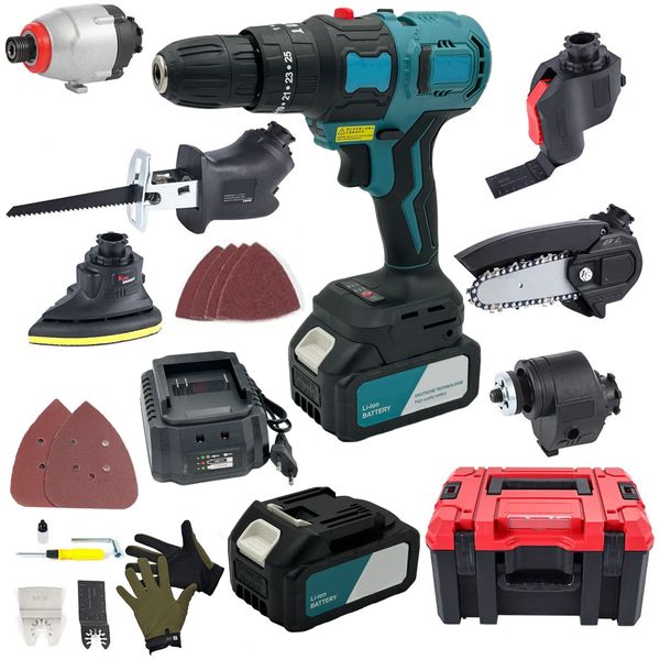 Multi Head 7 in 1 Cordless Blue Power Tool Set With Batteries, Case &amp; Glove