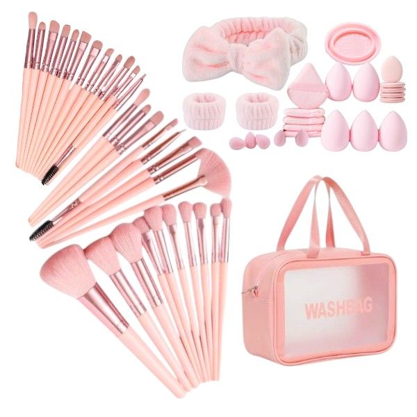 54 Piece Makeup Brush Set With Makeup Tools &amp; Cosmetics Bag - Light Pink