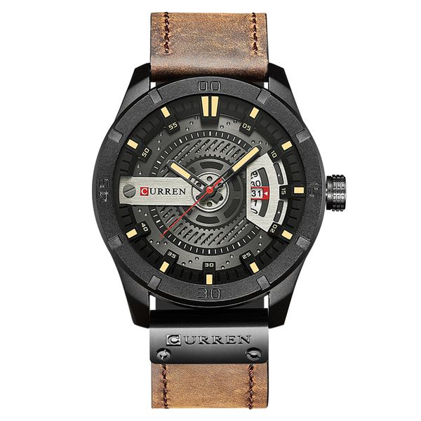 Mens Leather Strap Watches Sandwich Dial Black Plated Classic
