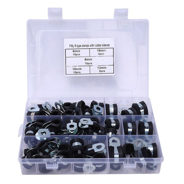 50-Piece R-Type Rubber Padded Hose Clamps - 6-16mm