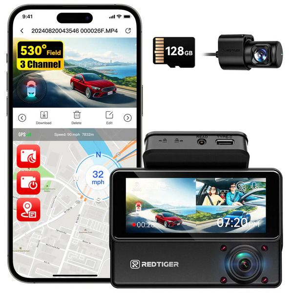 REDTIGER VP20 530 Dash Cam - 3-Channel 2.5K+1080P with IR Night Vision