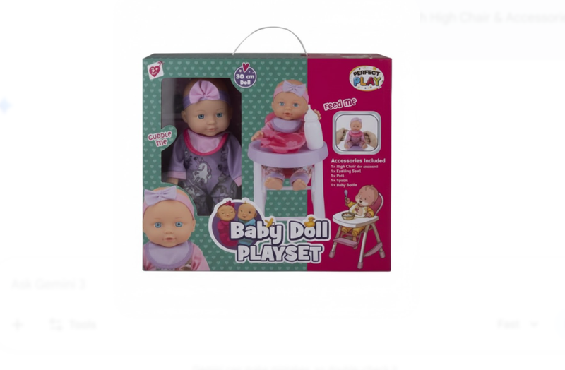 Perfect Play - 30cm Doll baby With High Chair &amp; Accessories