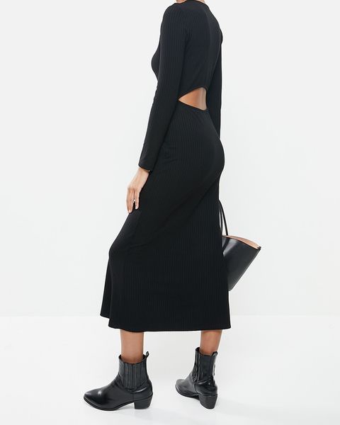 Women's VELVET Rib Column Midi Dress with Open Back - black